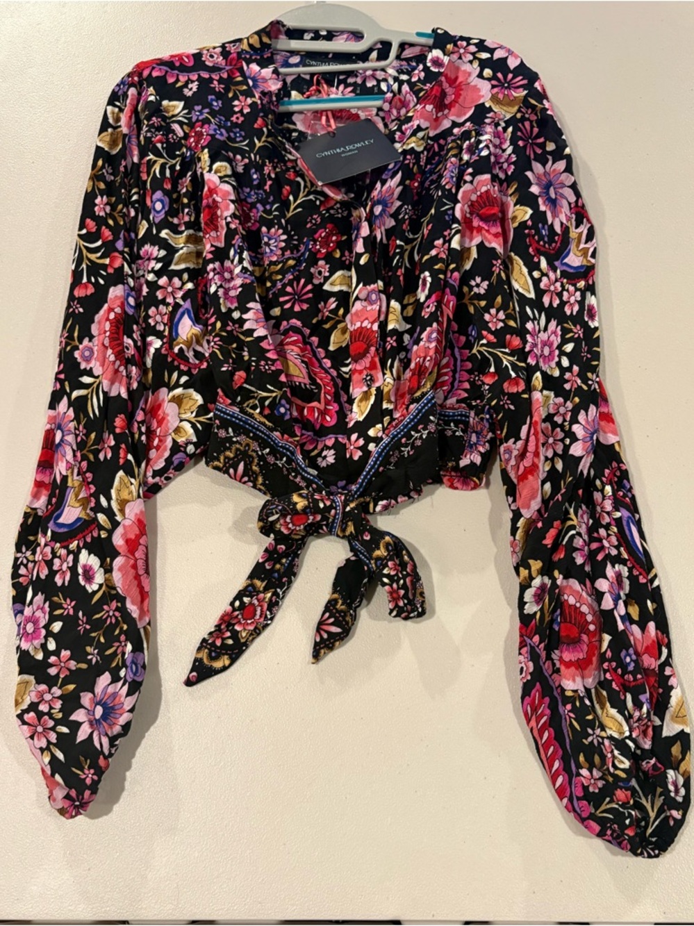 Cynthia Rowley Black Floral Tie-Front Crop Top